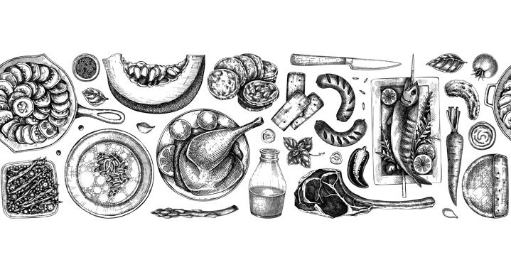 Farm food border design. Hand drawn vector illustrations. Rustic kitchen engraved style sketched. Food seamless pattern. NOT AI generated.